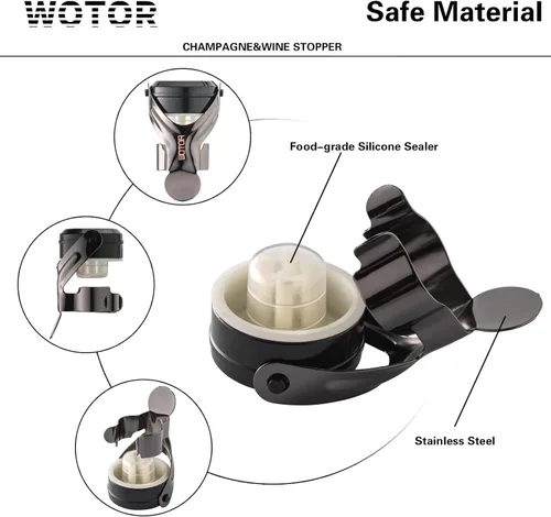 Miniatura 6 de WOTOR Tapones para botella de vino y champán de acero inoxidable con silicona de grado alimenticio, a prueba de fugas, se mantienen frescos, Negro