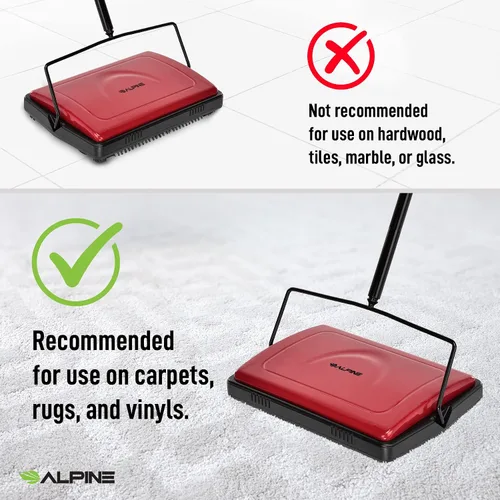 Miniatura 7 de Alpine - Barredora manual de alfombras de triple cepillo, limpiador de suelos no eléctrico multisuperficie, fácil de barrer para suelos alfombrados
