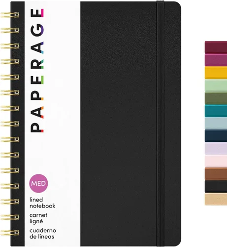 PAPERAGE - Libreta espiral con líneas, tipo diario (color negro), 160 páginas, libro de tapa dura para mujeres y hombres, tamaño mediano de 5.5 x 8