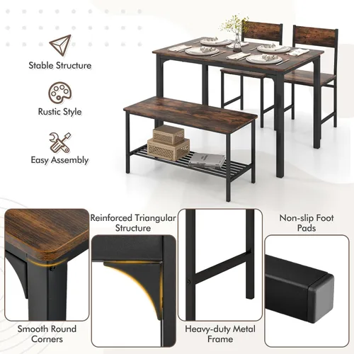 Miniatura 2 de GOFLAME Juego de mesa de comedor de 4 piezas para 4, mesa de cocina industrial con 2 sillas y banco, juego de mesa de desayuno que ahorra espacio