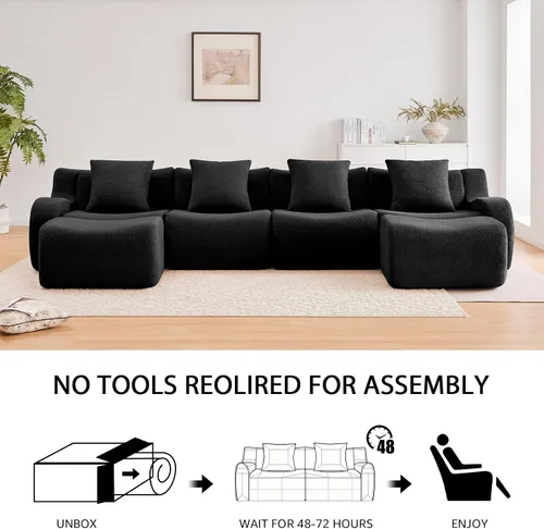 Miniatura 2 de Otomana de tela de peluche negra, moderno reposapiés modular sin hueso en una caja para sala de estar, cómodo diseño de asiento profundo,