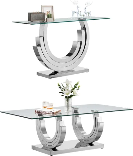 Miniatura 55 de SSLine Mesa auxiliar de cristal de lujo para sala de estar, mesa auxiliar moderna dorada con base de pedestal de acero inoxidable en forma de flor