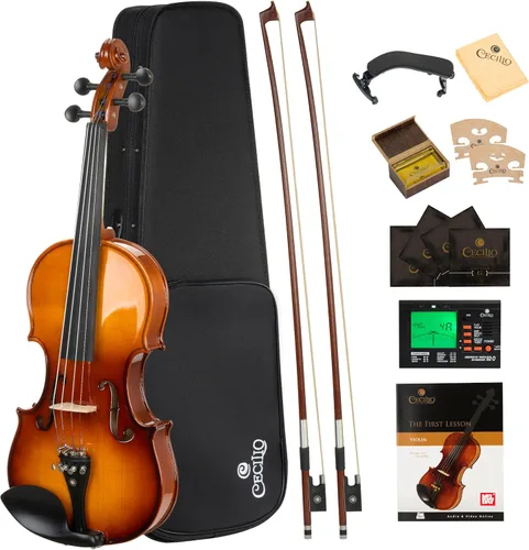 Cecilio 1/2 Violín de madera maciza con estuche rígido, arco, colofonia, afinador, soporte para los hombros y libro de lecciones – Ideal para