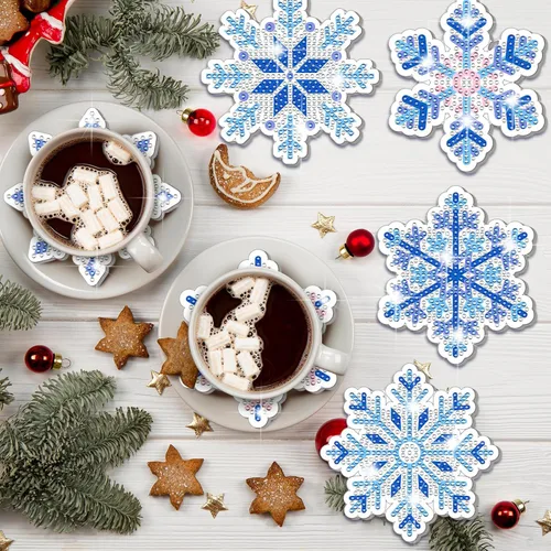 Miniatura 4 de FairySandy 10 Piezas Copos de Nieve Kits de Posavasos de Pintura de Diamante 5D de Invierno Posavasos de Arte de Diamante de Copo de Nieve Acrílico
