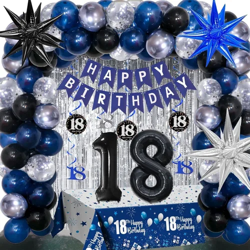Miniatura 9 de Decoraciones de cumpleaños número 10 para niños y niñas, color azul oscuro, doble dígitos con pancarta de feliz cumpleaños, mantel de globos de 10