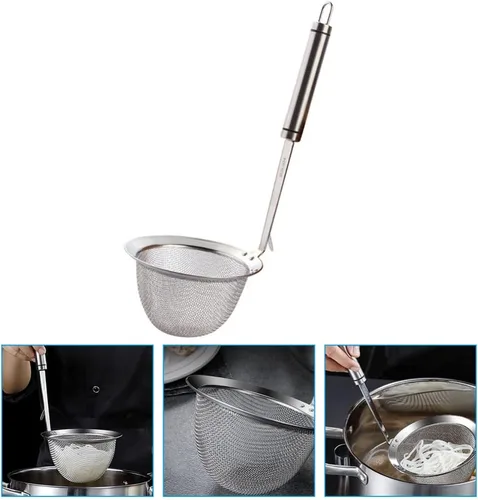 Miniatura 2 de Hemoton Cesta coladora de acero inoxidable – Colador de fideos de malla fina con mango para colgar para cocinar 12.2 x 3.93 pulgadas, perfecto
