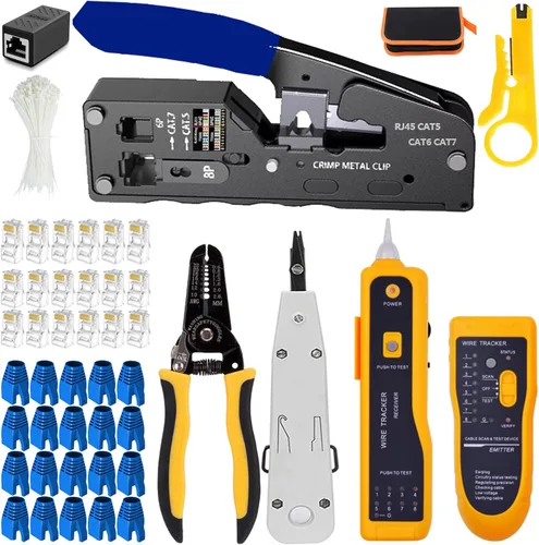 Miniatura 10 de LEATBUY - Herramienta de crimpado CAT5/CAT6, juego de herramientas de crimpado RJ45, herramienta de red, juego de perforación de cable Lan