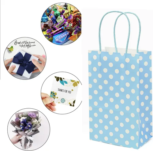 Miniatura 5 de AZOWA Bolsas de papel azul claro con lunares blancos, pequeñas bolsas de regalo de lunares azul claro para recuerdos de fiesta