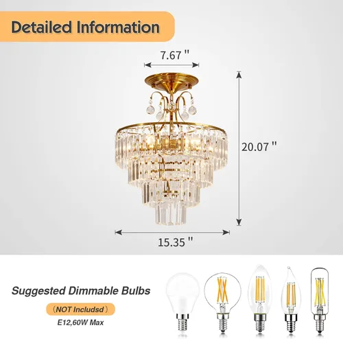 Miniatura 4 de CVKASH Lámpara de araña de cristal dorado de 5 luces, accesorio moderno de montaje semi empotrado en techo con iluminación de techo E12