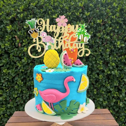 Miniatura 6 de Gyufise 1 pieza de decoración de pastel de feliz cumpleaños tropical hawaiano Luau pastel Pick Glitter Flamingo Flower Plam Leave Pineapple Cake