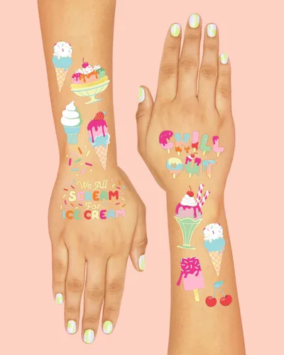 Miniatura 4 de xo, Fetti Tatuajes temporales para fiesta de cumpleaños de helados para niños, 56 estilos de purpurina Postre, suministros de fiesta de baby