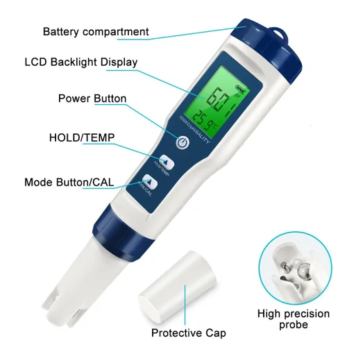 Miniatura 2 de Medidor de pH 5 en 1 LFS TDS, medidor de pH digital de alta precisión 0.01 para agua, probador de PH/TDS/EC/sal/temperatura, medidor de PPM