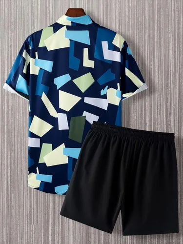 Miniatura 2 de OYOANGLE Conjunto de 2 piezas para hombre de manga corta con botones y pantalones cortos