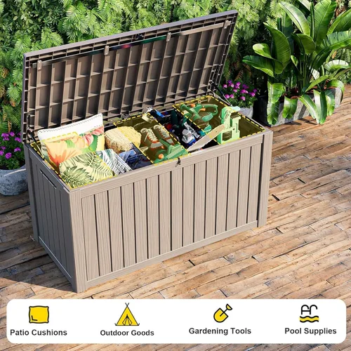 Miniatura 5 de Caja de almacenamiento impermeable para exteriores de 180 galones, caja de resina resistente a los rayos UV con varilla hidráulica para mayor 2-Gris