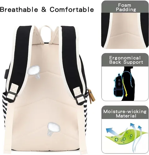 Miniatura 4 de Mochila escolar para adolescentes y mujeres, lindo juego de mochila universitaria de lona a rayas con bolsa de almuerzo, bolsa para lápices