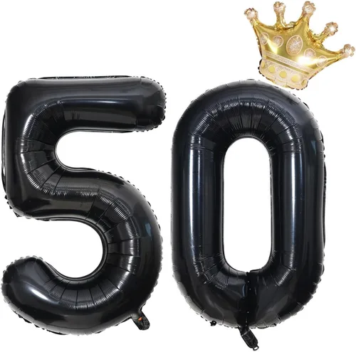 Globos negros del número 50 de 40 pulgadas con corona, globos de cumpleaños 50 para hombres y mujeres, decoraciones de cumpleaños 50, globos de