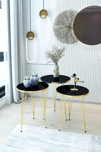 Miniatura 5 de Juego de 3 mesas auxiliares anidables con patas de color negro y dorado de alto brillo, mesa auxiliar apilable de madera con patas de metal