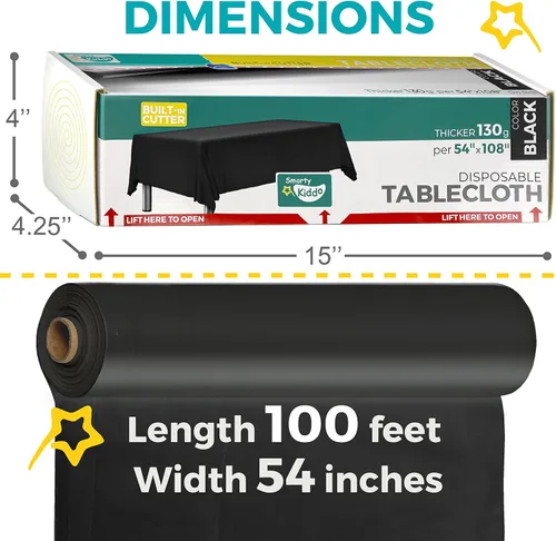 Miniatura 3 de Smarty Kiddo Rollo de mantel de plástico negro de 54 x 100 pies con caja de cortador integrada, mantel desechable para fiestas, pícnic, eventos