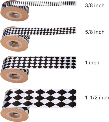Miniatura 2 de Meseey 4 rollos en total de 20 yardas de cinta de satén a cuadros de diamante blanco y negro, cintas a cuadros de arlequín para envolver regalos