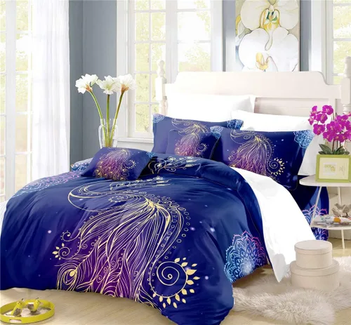 Miniatura 8 de REALIN Juego de funda de edredón de pavo real, ropa de cama colorida Phnom Penh, juego de ropa de cama azul real noble de 2/3/4 piezas, fundas