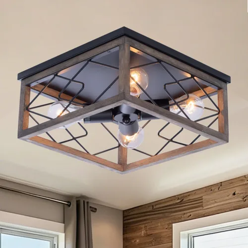 Miniatura 12 de VILUXY Lámpara de techo rectangular industrial retro con pantalla de madera para pasillo, entrada, passway, comedor, dormitorio, balcón, sala