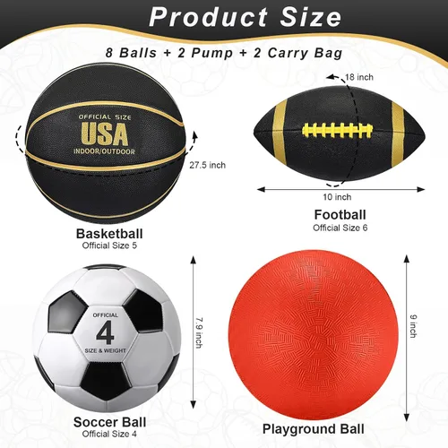 Miniatura 2 de Liliful Juego de 8 pelotas deportivas para el regreso a la escuela, tamaño oficial, fútbol, baloncesto, fútbol, patio, equipo de PE con bolsa