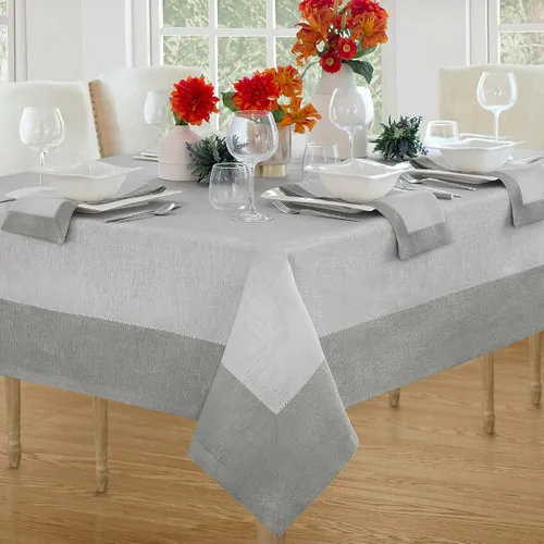 Elrene Home Fashions Villeroy and Boch New Wave - Mantel de tela de lino con borde metálico, redondo, 90 pulgadas, blanco/plateado
