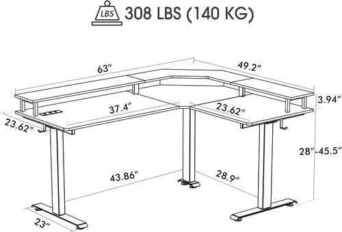 Miniatura 3 de CubiCubi Escritorio de pie con triple motor de 63 pulgadas en forma de L con tira LED y tomas de corriente, escritorio de esquina ajustable