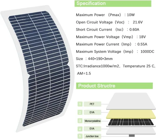 Miniatura 7 de XINPUGUNAG Kit de panel solar de 18 V 10 W, cargador de batería semi-flexible de célula monocristalina DIY módulo conector DC 12 V 5 V USB