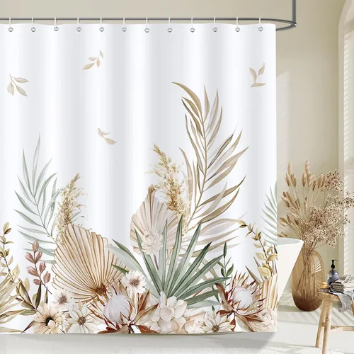 Miniatura 8 de Bonhause Cortina de ducha de hojas florales tostadas, cortina de baño bohemia con hojas de palmera tropicales, cortina de baño de 72 x 72 pulgadas