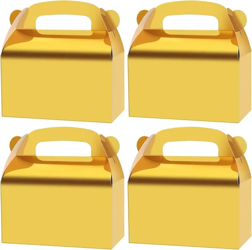 Paquete de 30 cajas de regalo de oro para fiesta, cajas de golosinas, cajas de regalo de papel Gable con asas. Perfectas para boda, cumpleaños, oro