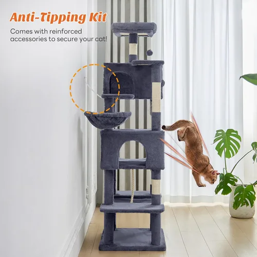 Miniatura 6 de DUMOS Torre grande de árbol para gatos de 66 pulgadas, torre alta de escalada para gatos de varios niveles con postes rascadores de sisal natural