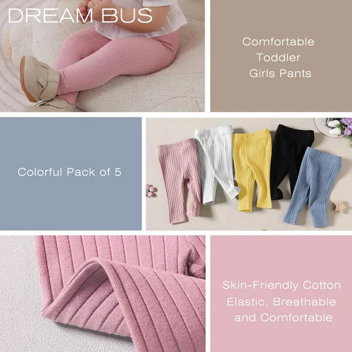 Miniatura 4 de Paquete de 5 pantalones de bebé para niña, pantalones acanalados con volantes acampanados, leggings para bebé, pantalones acampanados para niña