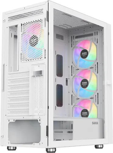Miniatura 9 de SAMA 3509 Carcasa de PC de torre media ATX blanca - Parte frontal de malla de acero, panel lateral de vidrio templado con bisagras, 4 ventiladores