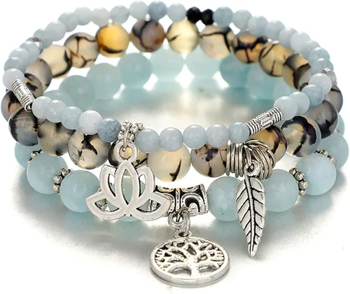 UEUC - Pulseras Reiki, apilables, de piedras curativas, cristales, con dije del árbol de la vida, yoga y hoja de loto, contra la ansiedad y para el
