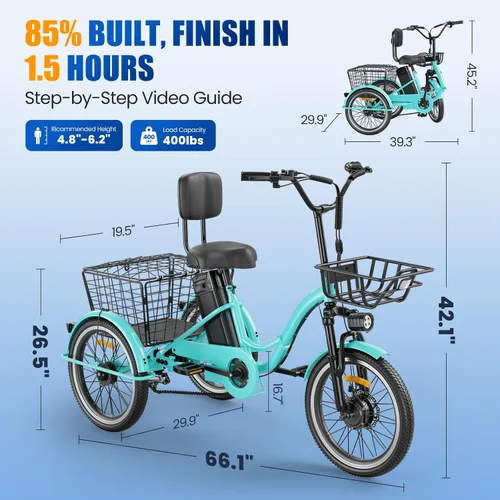 Miniatura 7 de Triciclo eléctrico para adultos, triciclo eléctrico de pico de 1200 W, triciclo plegable con batería extraíble de 468/720/960 Wh, bicicletas 83