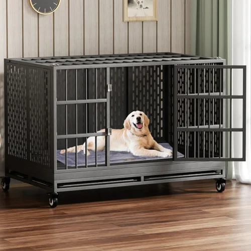Snuowu Jaula para perros de 48 pulgadas de servicio pesado con ruedas, jaula plegable de metal para perros grandes y medianos, jaula para perros