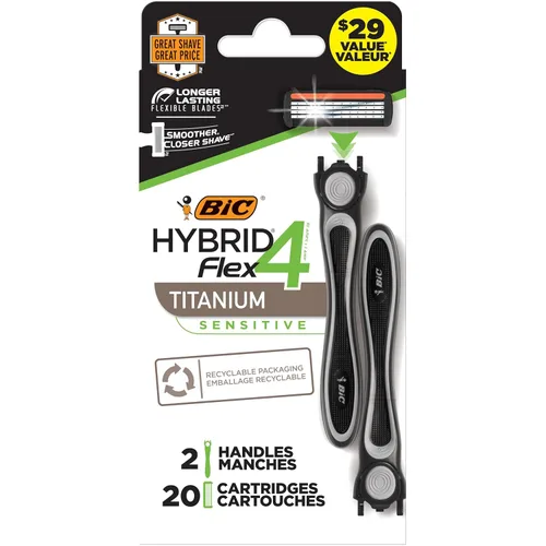 BIC Flex 4 Hybrid - Maquinilla de afeitar desechable de 4 hojas para hombre, 2 asas y 20 cartuchos, afeitado suave y cerrado