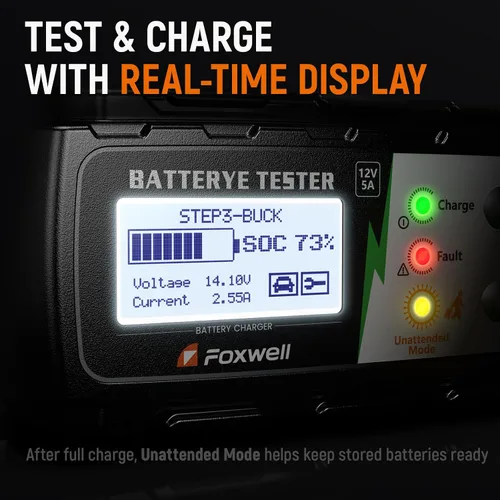 Miniatura 7 de FOXWELL BC521: cargador de batería de coche de 12 V con probador, mantenedor de batería inteligente 4 en 1 5A, prueba de estado de la batería