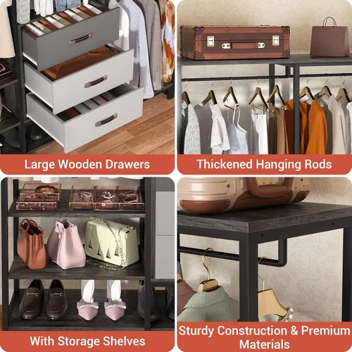 Miniatura 5 de Aheaplus Organizador de Closet de Madera para Colgar Ropa, Perchero de Ropa Resistente, Sistema de Closet en Esquina en Forma de L Grande con 3