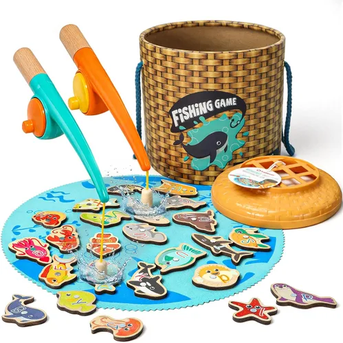 TOP BRIGHT Juego Montessori de Pesca para Niños Pequeños - Juguetes Magnéticos de Pesca de Madera para Niños de 3 Años, Regalo para Niñas y Niños,
