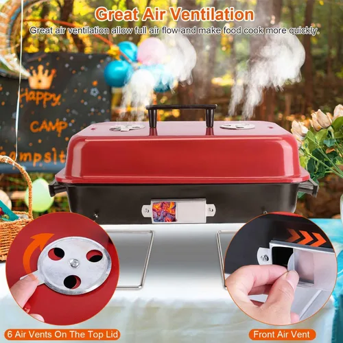 Miniatura 2 de TeqHome Parrilla de carbón portátil con tapa, parrilla de barbacoa de mesa mejorada para exteriores, parrilla plegable para cocinar al aire libre