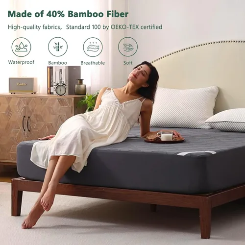 Miniatura 3 de Protector de colchón impermeable de 40% rayón derivado del bambú, cubrecolchón con tejido de aire 3D transpirable, con bolsillo profundo de 8 a 21