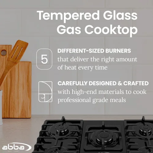 Miniatura 4 de ABBA - Placa de cocina de gas de 30 pulgadas con 5 quemadores sellados, superficie de vidrio templado con quemadores SABAF, estufa de gas natural