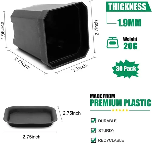 Miniatura 2 de Maceta de vivero de 3 pulgadas, 30 macetas de plástico grueso, macetas cuadradas para plantar, macetas de plántulas, macetas de inicio de semillas