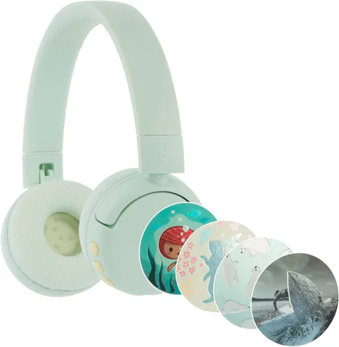BuddyPhones POP Fun | Auriculares plegables Bluetooth para niños + micrófono, funciona con cable o inalámbrico, limitación de volumen SafeAudio para