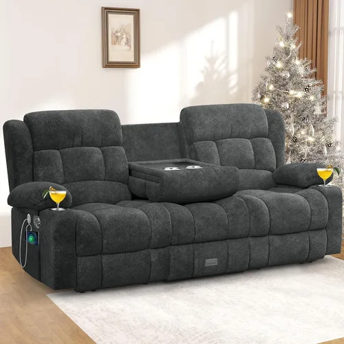 Miniatura 18 de Juego de Sofá Reclinable de Dos Plazas con 2+1 Piezas, Sillón Reclinable Minimalista de 2 Plazas con Pestaña de Tirón Manual, Tela con Puertos