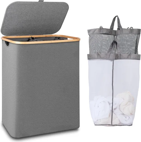iEGrow - Canasta de lavandería de 150 litros con tapa - Gran canasta de lavandería con asas de bambú, color gris, cestas para lavandería, cesta de