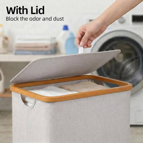 Miniatura 4 de efluky Cesta de lavandería con tapa y bolsa extraíble, cesta de lavandería de 100 litros de alto con asas de bambú, papelera estética para ropa Gris