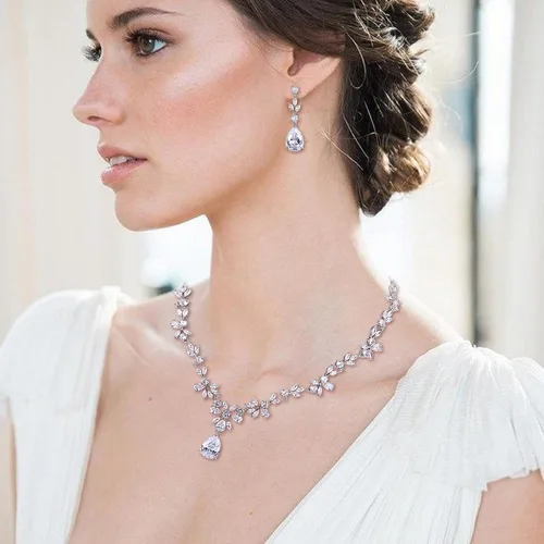 Miniatura 2 de Crysdue Wedding Jewelry Set for Women Floral Necklace Dangle Earrings Bracelet Hair Comb Adjustable Ring Set Cubic Zirconia Elegance Prom Party